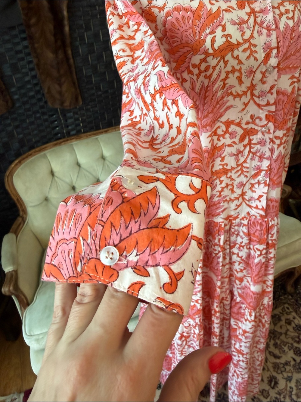 🌺 Guadalupe Design Meredith Floral Maxi Dress Coral Pink Cotton Tiered Boho M - Picture 5 of 12